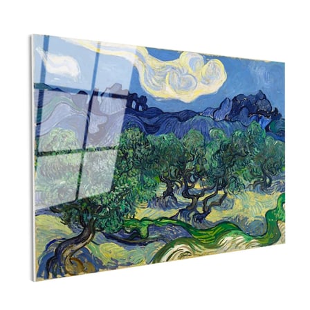 Tamperli Gerçek Cam Tablo Van Gogh Zeytin Ağaçları Mavi Dağlar Bulutlu Ressam Tablosu Duvar Dekoru