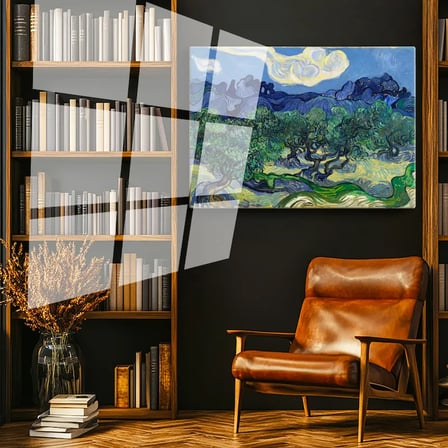 Tamperli Gerçek Cam Tablo Van Gogh Zeytin Ağaçları Mavi Dağlar Bulutlu Ressam Tablosu Duvar Dekoru