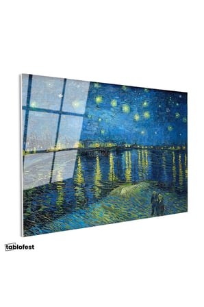 Tamperli Gerçek Cam Tablo Van Gogh Rhone Üzerinde Yıldızlı Gece Rıhtım Ressam Tablosu Duvar Dekoru