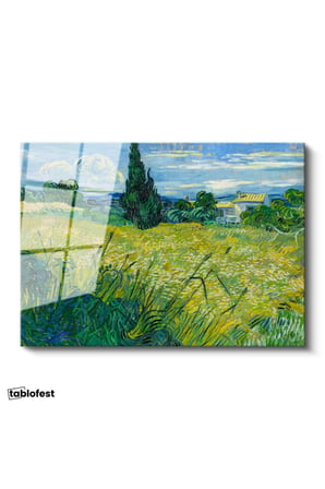 Tamperli Gerçek Cam Tablo Van Gogh Selvili Çayır Çiftlik Evi Ressam Tablosu Duvar Dekoru