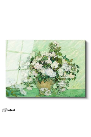 Tamperli Gerçek Cam Tablo Van Gogh Beyaz Güller Vazo Çiçekli Natürmort Ressam Tablosu Duvar Dekoru