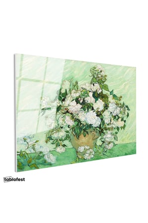 Tamperli Gerçek Cam Tablo Van Gogh Beyaz Güller Vazo Çiçekli Natürmort Ressam Tablosu Duvar Dekoru