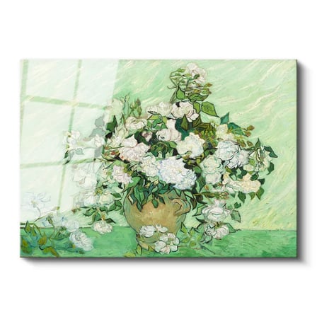 Tamperli Gerçek Cam Tablo Van Gogh Beyaz Güller Vazo Çiçekli Natürmort Ressam Tablosu Duvar Dekoru