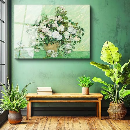 Tamperli Gerçek Cam Tablo Van Gogh Beyaz Güller Vazo Çiçekli Natürmort Ressam Tablosu Duvar Dekoru