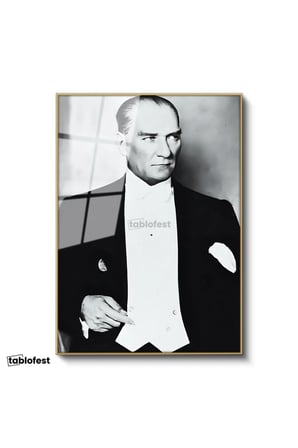 Altın Renk Metal Çerçeveli Tamperli Cam Tablo Atatürk Frak Giyim Atatürk Tablosu Duvar Dekoru