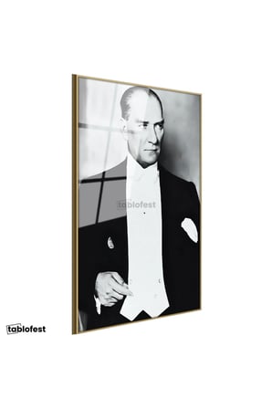 Altın Renk Metal Çerçeveli Tamperli Cam Tablo Atatürk Frak Giyim Atatürk Tablosu Duvar Dekoru
