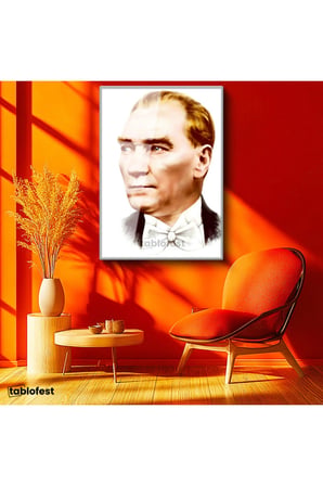 Gümüş Renk Metal Çerçeveli Tamperli Cam Tablo Atatürk Papyonlu Çizim Atatürk Tablosu Duvar Dekoru
