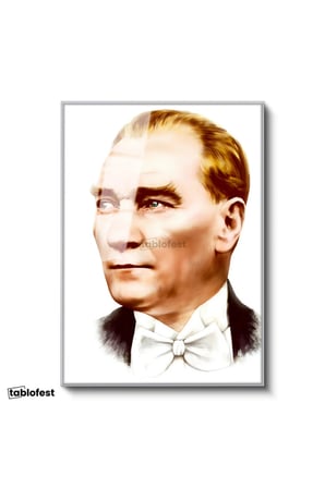 Gümüş Renk Metal Çerçeveli Tamperli Cam Tablo Atatürk Papyonlu Çizim Atatürk Tablosu Duvar Dekoru