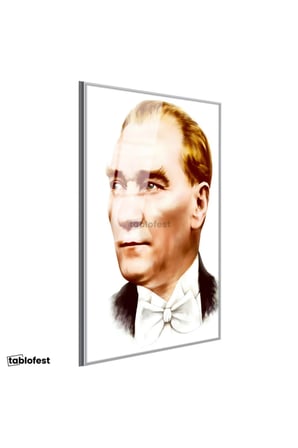 Gümüş Renk Metal Çerçeveli Tamperli Cam Tablo Atatürk Papyonlu Çizim Atatürk Tablosu Duvar Dekoru