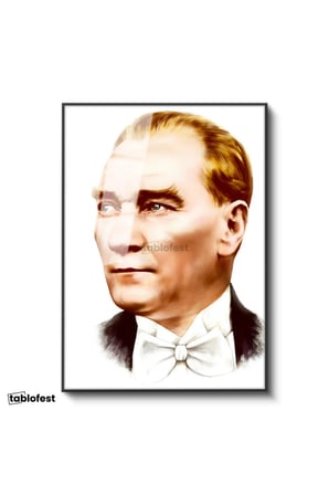 Siyah Renk Metal Çerçeveli Tamperli Cam Tablo Atatürk Papyonlu Çizim Atatürk Tablosu Duvar Dekoru