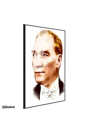 Siyah Renk Metal Çerçeveli Tamperli Cam Tablo Atatürk Papyonlu Çizim Atatürk Tablosu Duvar Dekoru