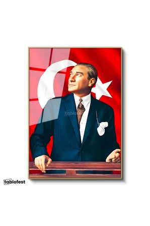 Altın Renk Metal Çerçeveli Tamperli Cam Tablo Atatürk Ufka Bakış Atatürk Tablosu Duvar Dekoru