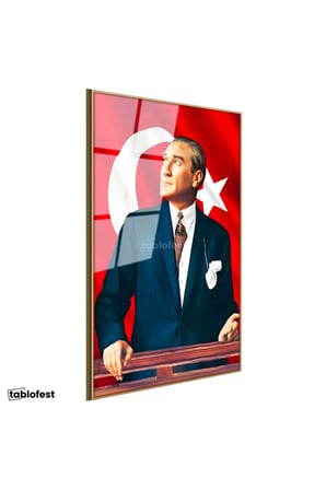 Altın Renk Metal Çerçeveli Tamperli Cam Tablo Atatürk Ufka Bakış Atatürk Tablosu Duvar Dekoru