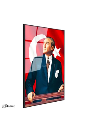Siyah Renk Metal Çerçeveli Tamperli Cam Tablo Atatürk Ufka Bakış Atatürk Tablosu Duvar Dekoru