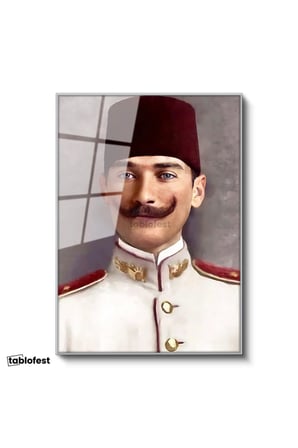 Gümüş Renk Metal Çerçeveli Tamperli Cam Tablo Atatürk Fesli Gençlik Atatürk Tablosu Duvar Dekoru
