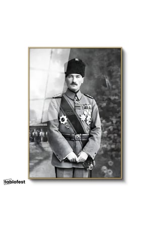 Altın Renk Metal Çerçeveli Tamperli Cam Tablo Atatürk Madalyalı Mareşal Atatürk Tablosu Duvar Dekoru