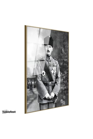 Altın Renk Metal Çerçeveli Tamperli Cam Tablo Atatürk Madalyalı Mareşal Atatürk Tablosu Duvar Dekoru