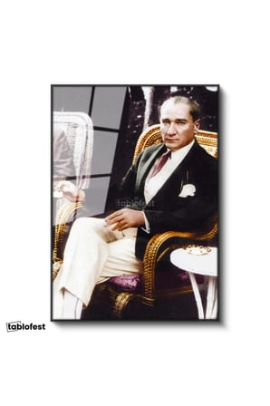 Siyah Renk Metal Çerçeveli Tamperli Cam Tablo Atatürk Hasır Koltuk Atatürk Tablosu Duvar Dekoru