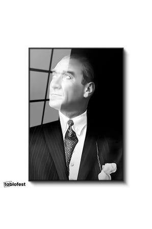 Siyah Renk Metal Çerçeveli Tamperli Cam Tablo Atatürk Desenli Kravat Atatürk Tablosu Duvar Dekoru