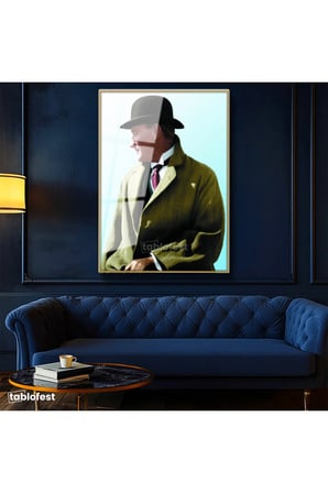 Altın Renk Metal Çerçeveli Tamperli Cam Tablo Atatürk Eldivenli Melon Şapka Atatürk Tablosu Duvar Dekoru