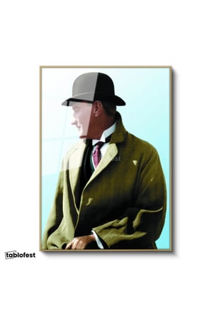 Altın Renk Metal Çerçeveli Tamperli Cam Tablo Atatürk Eldivenli Melon Şapka Atatürk Tablosu Duvar Dekoru