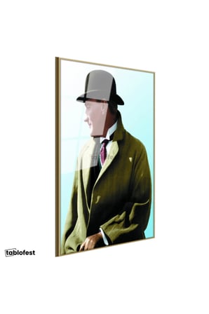 Altın Renk Metal Çerçeveli Tamperli Cam Tablo Atatürk Eldivenli Melon Şapka Atatürk Tablosu Duvar Dekoru