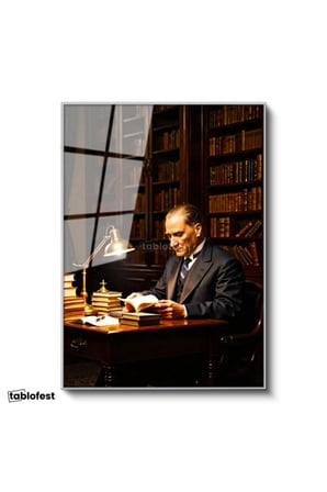 Gümüş Renk Metal Çerçeveli Tamperli Cam Tablo Atatürk Kütüphane Kitap Okuma Atatürk Tablosu Duvar Dekoru