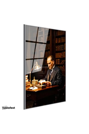 Gümüş Renk Metal Çerçeveli Tamperli Cam Tablo Atatürk Kütüphane Kitap Okuma Atatürk Tablosu Duvar Dekoru