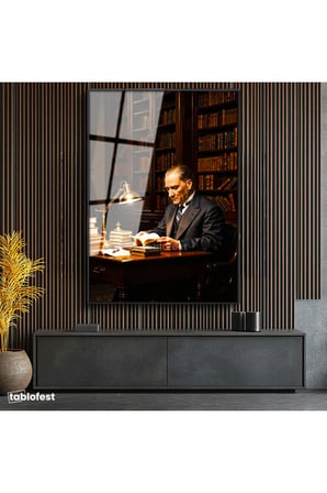 Siyah Renk Metal Çerçeveli Tamperli Cam Tablo Atatürk Kütüphane Kitap Okuma Atatürk Tablosu Duvar Dekoru