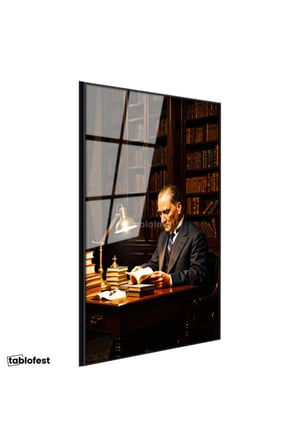 Siyah Renk Metal Çerçeveli Tamperli Cam Tablo Atatürk Kütüphane Kitap Okuma Atatürk Tablosu Duvar Dekoru