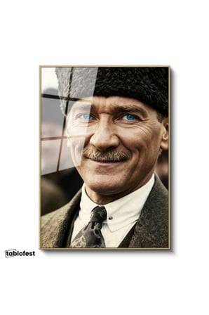 Altın Renk Metal Çerçeveli Tamperli Cam Tablo Atatürk Kalpaklı Gülümseyen Yüz Atatürk Tablosu Duvar Dekoru