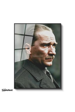 Siyah Renk Metal Çerçeveli Tamperli Cam Tablo Atatürk Asil Duruş Palto Atatürk Tablosu Duvar Dekoru