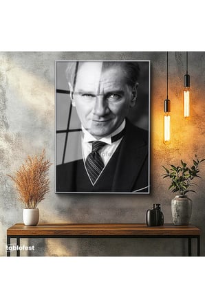 Gümüş Renk Metal Çerçeveli Tamperli Cam Tablo Atatürk Çizgili Kravat Klasik Giyim Atatürk Tablosu Duvar Dekoru