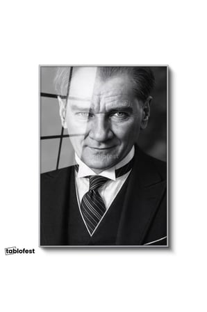 Gümüş Renk Metal Çerçeveli Tamperli Cam Tablo Atatürk Çizgili Kravat Klasik Giyim Atatürk Tablosu Duvar Dekoru