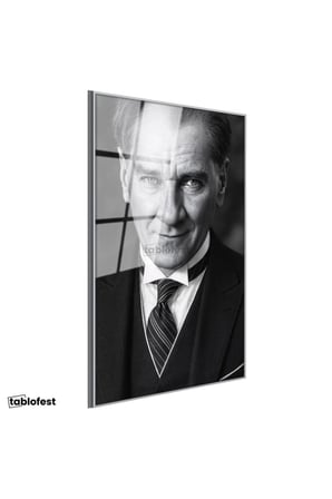 Gümüş Renk Metal Çerçeveli Tamperli Cam Tablo Atatürk Çizgili Kravat Klasik Giyim Atatürk Tablosu Duvar Dekoru