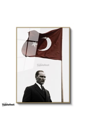 Altın Renk Metal Çerçeveli Tamperli Cam Tablo Atatürk ve Dalgalanan Türk Bayrağı Atatürk Tablosu Duvar Dekoru