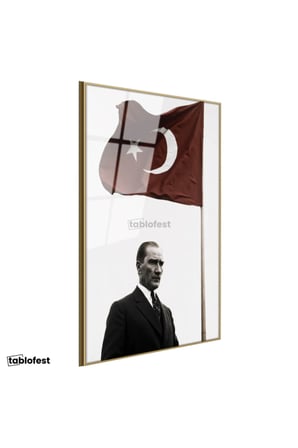 Altın Renk Metal Çerçeveli Tamperli Cam Tablo Atatürk ve Dalgalanan Türk Bayrağı Atatürk Tablosu Duvar Dekoru
