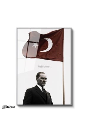 Gümüş Renk Metal Çerçeveli Tamperli Cam Tablo Atatürk ve Dalgalanan Türk Bayrağı Atatürk Tablosu Duvar Dekoru