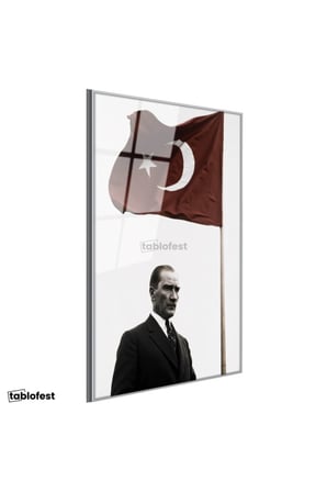 Gümüş Renk Metal Çerçeveli Tamperli Cam Tablo Atatürk ve Dalgalanan Türk Bayrağı Atatürk Tablosu Duvar Dekoru