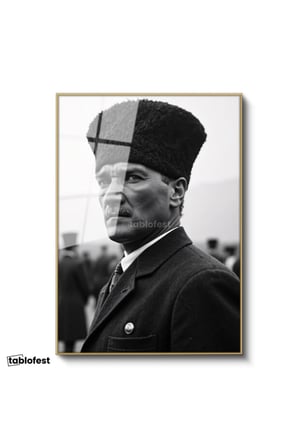 Altın Renk Metal Çerçeveli Tamperli Cam Tablo Atatürk Kalpaklı Cephe Bakış Atatürk Tablosu Duvar Dekoru