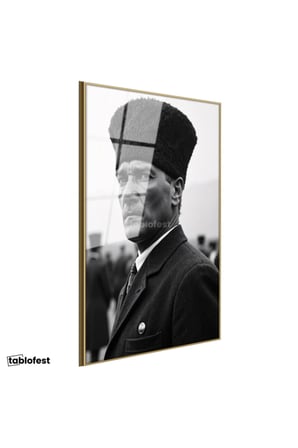 Altın Renk Metal Çerçeveli Tamperli Cam Tablo Atatürk Kalpaklı Cephe Bakış Atatürk Tablosu Duvar Dekoru