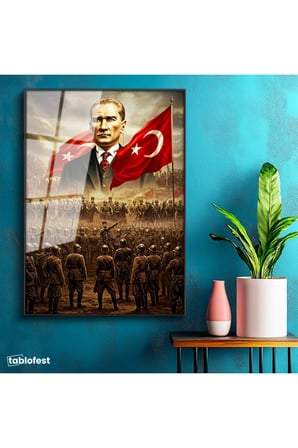 Siyah Renk Metal Çerçeveli Tamperli Cam Tablo Atatürk Kurtuluş Savaşı Ordu Bayrak Atatürk Tablosu Duvar Dekoru