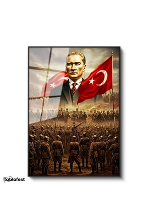 Siyah Renk Metal Çerçeveli Tamperli Cam Tablo Atatürk Kurtuluş Savaşı Ordu Bayrak Atatürk Tablosu Duvar Dekoru