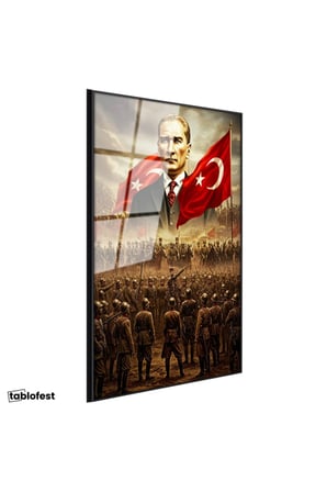 Siyah Renk Metal Çerçeveli Tamperli Cam Tablo Atatürk Kurtuluş Savaşı Ordu Bayrak Atatürk Tablosu Duvar Dekoru