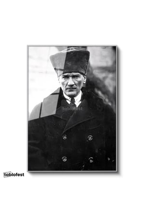 Gümüş Renk Metal Çerçeveli Tamperli Cam Tablo Atatürk Kalpaklı Kürklü Palto Kışlık Atatürk Tablosu Duvar Dekoru