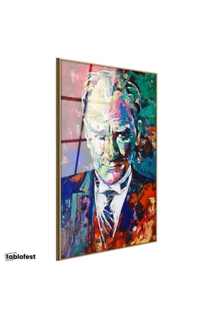 Altın Renk Metal Çerçeveli Tamperli Cam Tablo Atatürk Modern Sanat Soyut Portre Atatürk Tablosu Duvar Dekoru