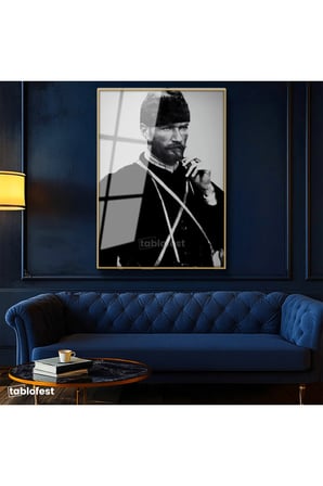 Altın Renk Metal Çerçeveli Tamperli Cam Tablo Atatürk Sakallı Kalpaklı Nadir Portre Atatürk Tablosu Duvar Dekoru