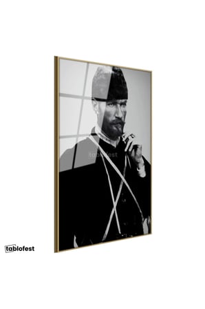 Altın Renk Metal Çerçeveli Tamperli Cam Tablo Atatürk Sakallı Kalpaklı Nadir Portre Atatürk Tablosu Duvar Dekoru