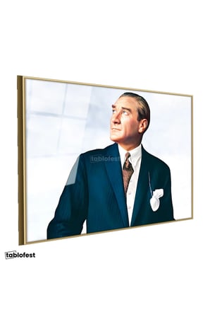 Altın Renk Metal Çerçeveli Tamperli Cam Tablo Atatürk Bulutlu Fon Portre Atatürk Tablosu Duvar Dekoru