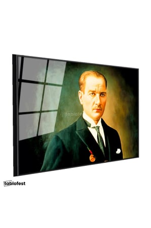 Siyah Renk Metal Çerçeveli Tamperli Cam Tablo Atatürk Madalyalı Resim Sanatı Atatürk Tablosu Duvar Dekoru